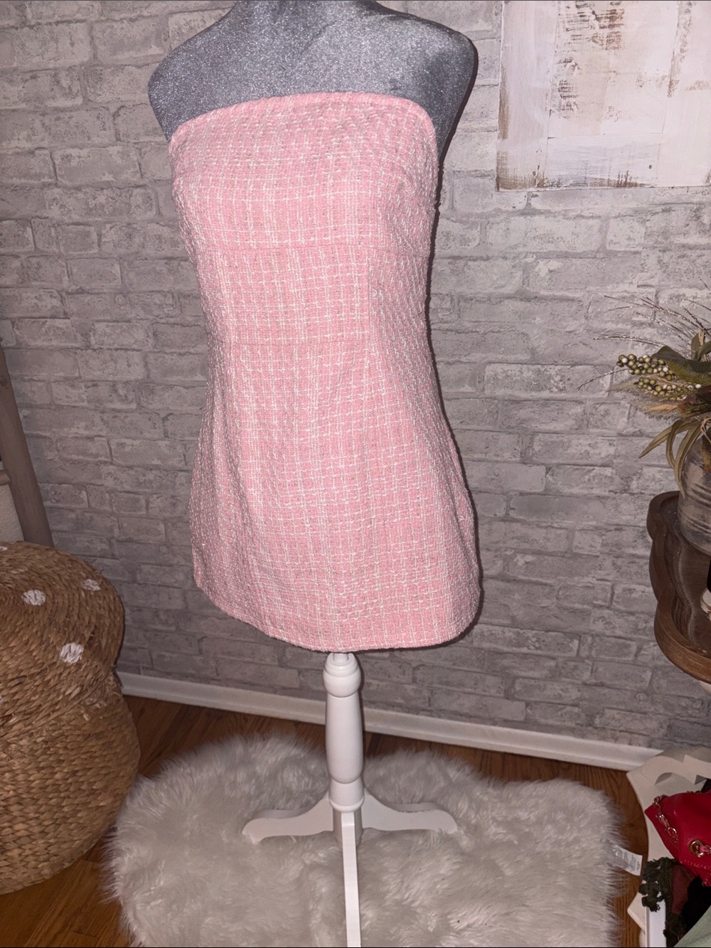 Francesca's Collections Pink Strapless Tweed Mini Dress With Bow In Back